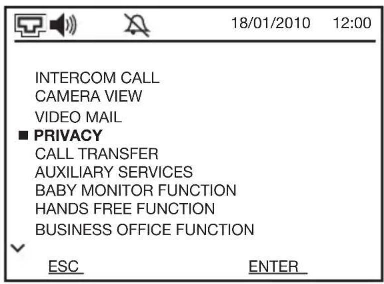 INTERCOM CALL CAMERA VIEW VIDEO MAIL ■ PRIVACY CALL TRANSFER AUXILIARY SERVICES BABY MONITOR FUNCTION HANDS FREE FUNCTION BUSINESS OFFICE FUNCTION ESC ENTER