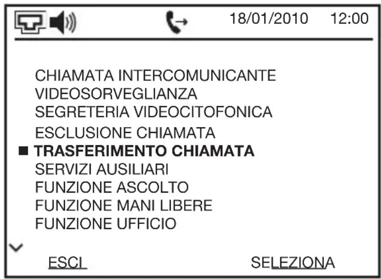 18/01/2010 12:00 CHIAMATA INTERCOMUNICANTE VIDEOSORVEGLIANZA SEGRETERIA VIEDOCITOFONICA ESCLUSIONE CHIAMATA ■ TRASFERIMENTO CHIAMATA SERVIZI AUSILIARI FUNZIONE ASCOLTO FUNZIONE MANI LIBERE FUNZIONE UFFICIO ESCI SELEZIONA