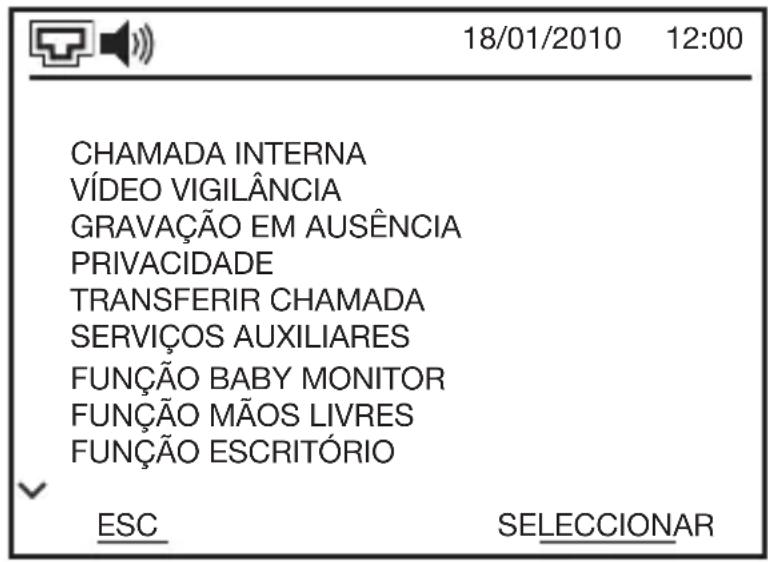 18/01/2010 12:00 CHAMADA INTERNA VÍDEO VIGILÂNCIA GRAVAÇÃO EM AUSÊNCIA PRIVACIDADE TRANSFERIR CHAMADA SERVIÇOS AUXILIARES FUNÇÃO BABY MONITOR FUNÇÃO MÃOS LIVRES FUNÇÃO ESCRITÓRIO ESC SELECCIONAR