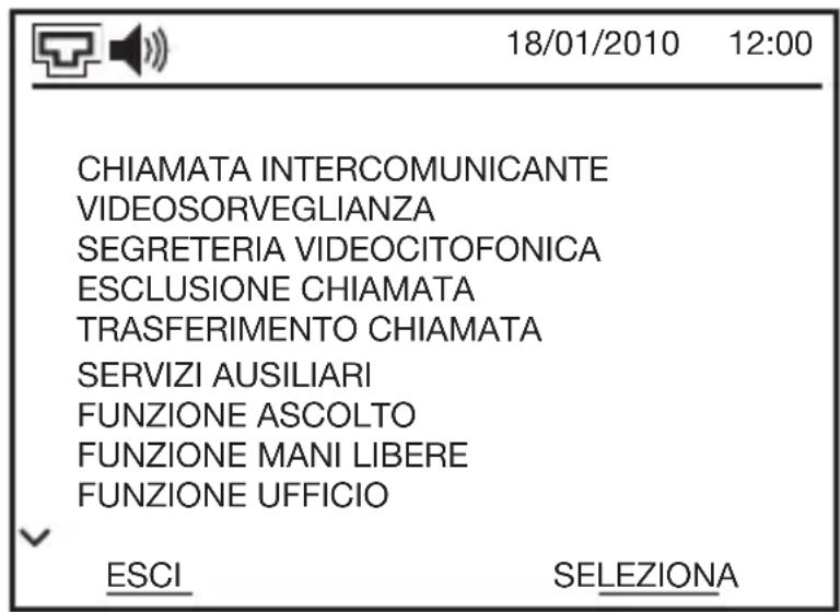 18/01/2010 12:00 CHIAMATA INTERCOMUNICANTE VIDEOSORVEGLIANZA SEGRETERIA VIDEOCITOFONICA ESCLUSIONE CHIAMATA TRASFERIMENTO CHIAMATA SERVIZI AUSILIARI FUNZIONE ASCOLTO FUNZIONE MANI LIBERE FUNZIONE UFFICIO ESCI SELEZIONA