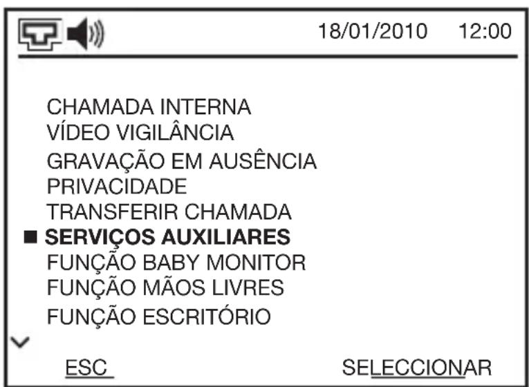 18/01/2010 12:00 CHAMADA INTERNA VÍDEO VIGILÂNCIA GRAVAÇÃO EM AUSÊNCIA PRIVACIDADE TRANSFERIR CHAMADA ■ SERVIÇOS AUXILIARES FUNÇÃO BABY MONITOR FUNÇÃO MÃOS LIVRES FUNÇÃO ESCRITÓRIO ESC SELECCIONAR