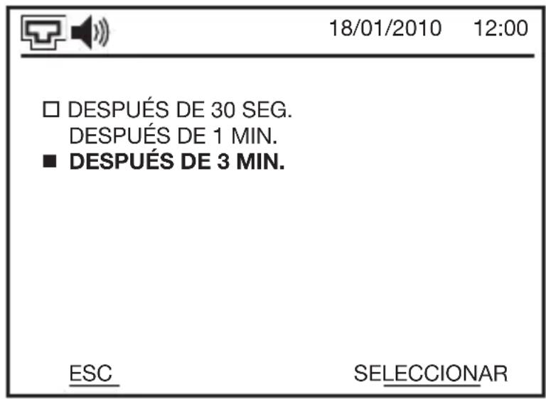 18/01/2010 12:00 □ DESPUÉS DE 30 SEG. DESPUÉS DE 1 MIN. ■ DESPUÉS DE 3 MIN. ESC SELECCIONAR