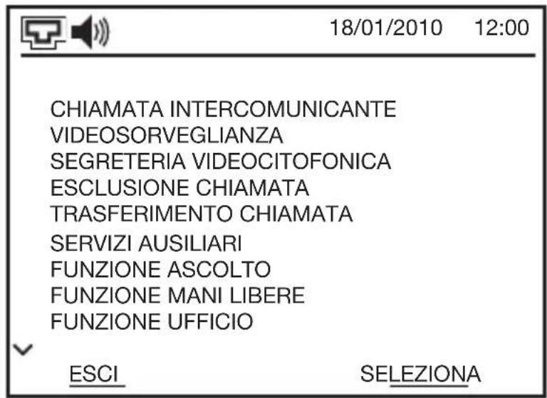 18/01/2010 12:00 CHIAMATA INTERCOMUNICANTE VIDEOSORVEGLIANZA SEGRETERIA VIDEOCITOFONICA ESCLUSIONE CHIAMATA TRASFERIMENTO CHIAMATA SERVIZI AUSILIARI FUNZIONE ASCOLTO FUNZIONE MANI LIBERE FUNZIONE UFFICIO ESCI SELEZIONA