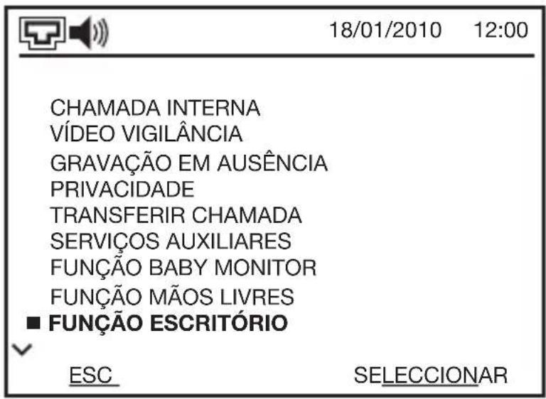 18/01/2010 12:00 CHAMADA INTERNA VÍDEO VIGILÂNCIA GRAVAÇÃO EM AUSÊNCIA PRIVACIDADE TRANSFERIR CHAMADA SERVIÇOS AUXILIARES FUNÇÃO BABY MONITOR FUNÇÃO MÃOS LIVRES ■ FUNÇÃO ESCRITÓRIO ESC SELECCIONAR