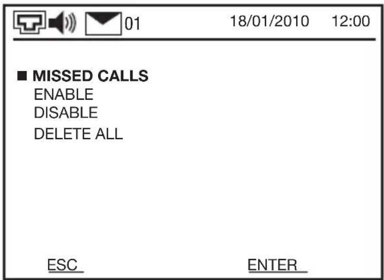 01 18/01/2010 12:00 ■ MISSED CALLS ENABLE DISABLE DELETE ALL ESC ENTER