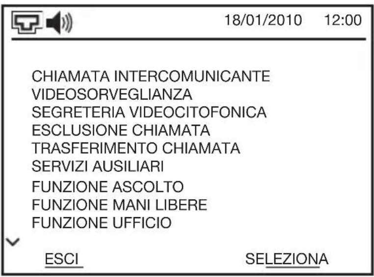 18/01/2010 12:00 CHIAMATA INTERCOMUNICANTE VIDEOSORVEGLIANZA SEGRETERIA VIDEOCITOFONICA ESCLUSIONE CHIAMATA TRASFERIMENTO CHIAMATA SERVIZI AUSILIARI FUNZIONE ASCOLTO FUNZIONE MANI LIBERE FUNZIONE UFFICIO ESCI SELEZIONA