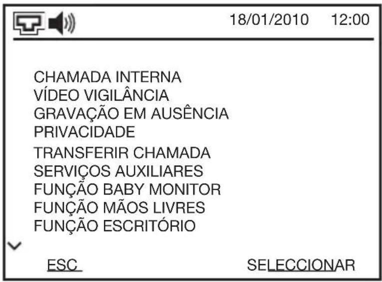 18/01/2010 12:00 CHAMADA INTERNA VÍDEO VIGILÂNCIA GRAVAÇÃO EM AUSÊNCIA PRIVACIDADE TRANSFERIR CHAMADA SERVIÇOS AUXILIARES FUNÇÃO BABY MONITOR FUNÇÃO MÃOS LIVRES FUNÇÃO ESCRITÓRIO ESC SELECCIONAR