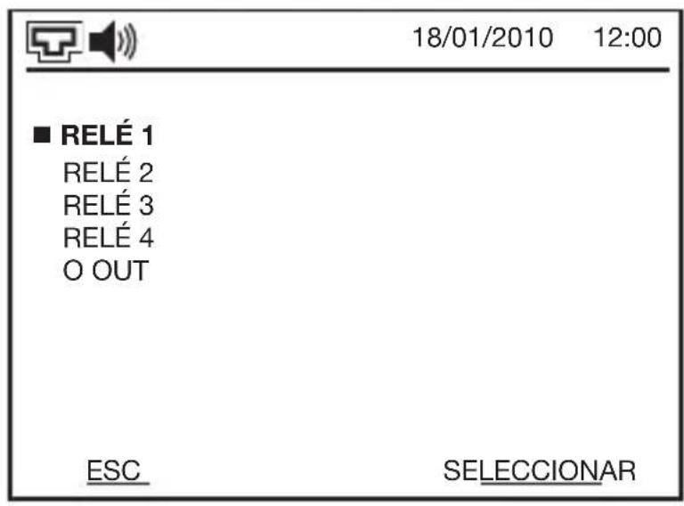 18/01/2010 12:00 ■ RELÉ 1 RELÉ 2 RELÉ 3 RELÉ 4 O OUT ESC SELECCIONAR