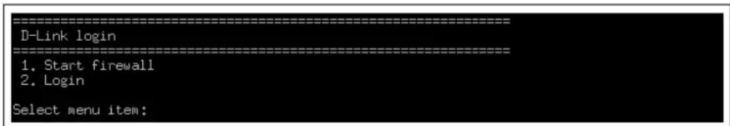 D-Link login 1. Start firewall 2. Login Select menu item: