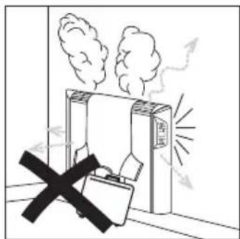 Safety warning illustration showing a device emitting smoke with a 'No Entry' symbol and a cross indicating no hazard.