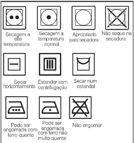 Secagem a alla temperatura Secagem a temperatura normal Apropriado para secadora Não seque na secadora Secar horizontalmente Estender sem centrifugação Secar num estendal Pode ser engomada com ferro quente Pode ser engomada com ferro não muito quente Não engomar