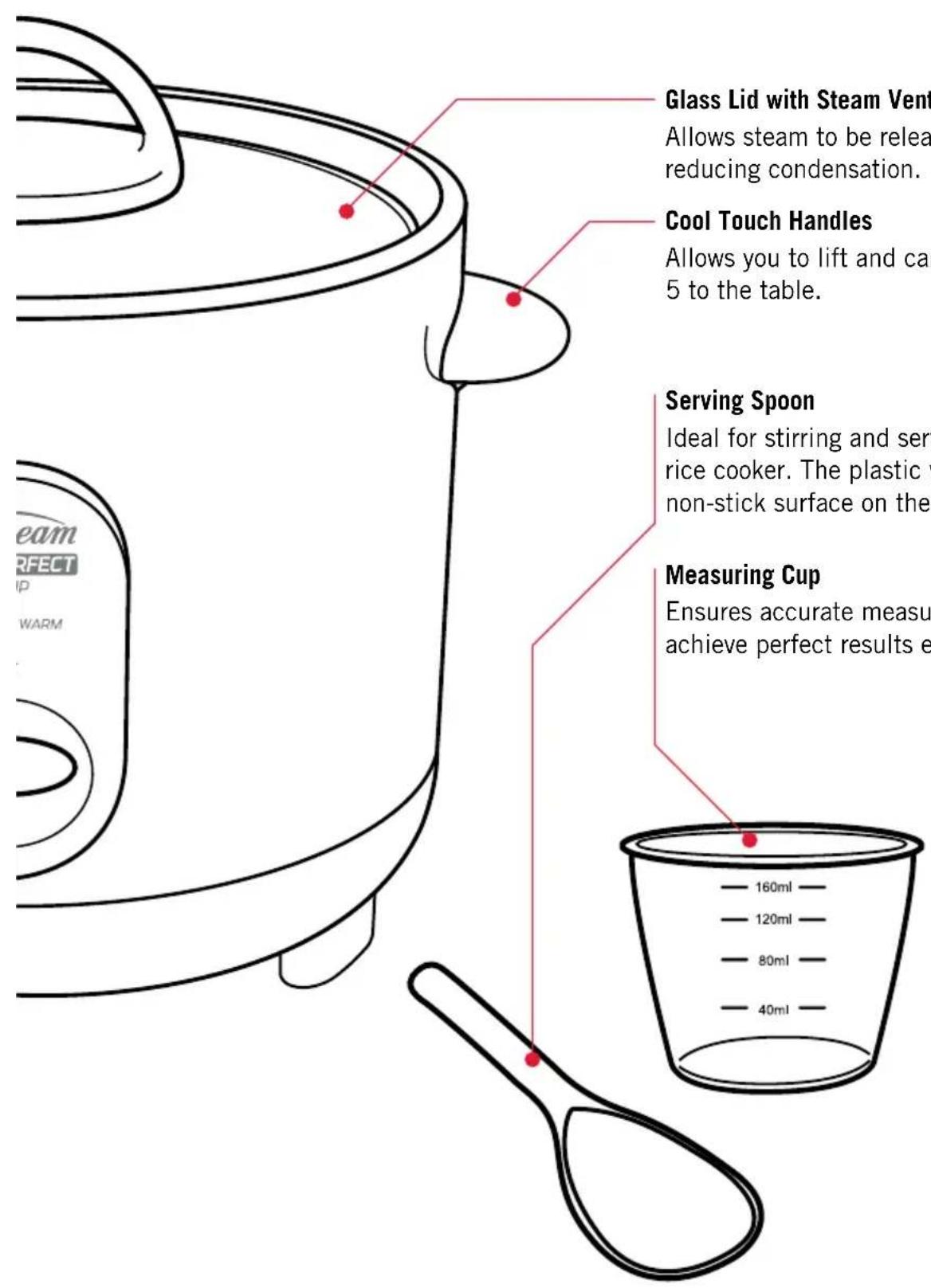 Glass Lid with Steam Vent Allows steam to be released reducing condensation. Cool Touch Handles Allows you to lift and can 5 to the table. Serving Spoon Ideal for stirring and serving rice cooker. The plastic w/ non-stick surface on the Measuring Cup Ensures accurate measure achieve perfect results e 160ml 120ml 80ml 40ml