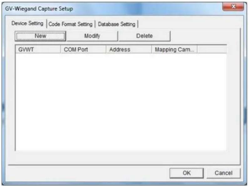 GV-Wiegand Capture Setup Device Setting | Code Format Setting | Database Setting | New Modify Delete GVWT COM Port Address Mapping Cam... OK Cancel