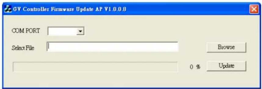 GY Controller Firmware Update AP V1.0.0.8 COM PORT Select File Browse 0 % Update
