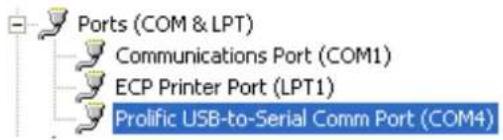 Ports (COM & LPT) Communications Port (COM1) ECP Printer Port (LPT1) Prolific USB-to-Serial Comm Port (COM4)