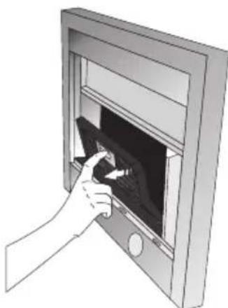 Illustration of a hand inserting a device into a rectangular frame (no text or symbols visible)