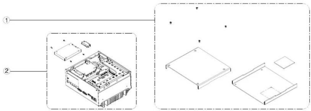 Technical diagram showing exploded and assembled views of a computer chassis with labeled components