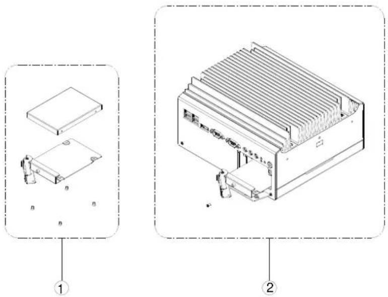 Technical diagram showing two views of an electronic device with labeled components and numbered parts.
