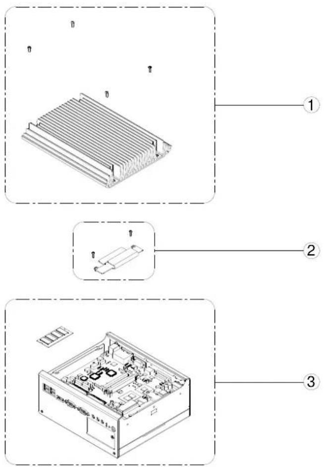 Technical diagram showing three views of an electronic device with labeled components and assembly details.