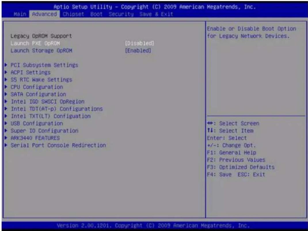 Aptio Setup Utility - Copyright (C) 2009 American Megatrends, Inc. Main Advanced Chipset Boot Security Save & Exit Legacy OpROM Support Launch PXE OpROM [Disabled] Launch Storage OpROM [Enabled] PCI Subsystem Settings ACPI Settings S5 RTC Wake Settings CPU Configuration SATA Configuration Intel IGO SWSCI OpRegion Intel TDT(AT-p) Configurations Intel TXT(LT) Configuration USB Configuration Super IO Configuration ARK3440 FEATURES Serial Port Console Redirection Enable or Disable Boot Option for Legacy Network Devices. +: Select Screen ↑: Select Item Enter: Select +/-: Change Opt. F1: General Help F2: Previous Values F3: Optimized Defaults F4: Save ESC: Exit Version 2.00.1201. Copyright (C) 2009 American Megatrends, Inc.