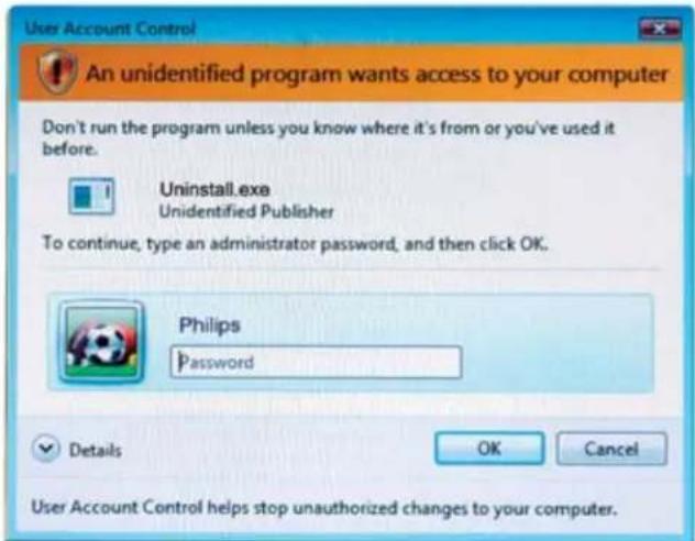User Account Control An unidentified program wants access to your computer Don't run the program unless you know where it's from or you've used it before. Uninstall.exe Unidentified Publisher To continue, type an administrator password, and then click OK. Philips Password Details OK Cancel User Account Control helps stop unauthorized changes to your computer.