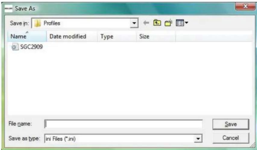 Save As Save in: Profiles Name Date modified Type Size SGC2909 File name: Save Save as type: ini Files (*.ini) Cancel