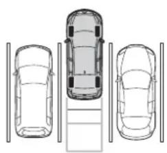 Top-down line drawing of three cars with vertical guide rails, no text or symbols present