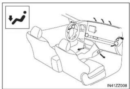 Line drawing of a car interior showing steering wheel, dashboard, and steering wheel (no text or symbols)