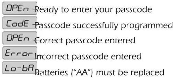 OPEN Ready to enter your passcode CodE Passcode successfully programmed OPEN Correct passcode entered Error Incorrect passcode entered Lo-bA Batteries ("AA") must be replaced