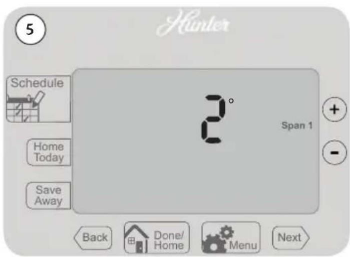 5 Hunter Schedule Home Today Save Away 2° Span 1 + - Back Done/ Home Menu Next