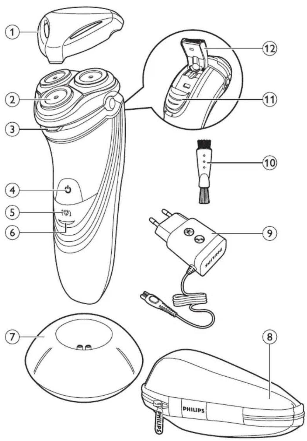 Technical diagram of a handheld electric shaver with labeled parts including power shaver, socket, and Philips case.