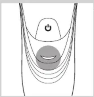 Diagram of a curved mechanical or electrical component with a power button and a circular component, no text or symbols present.