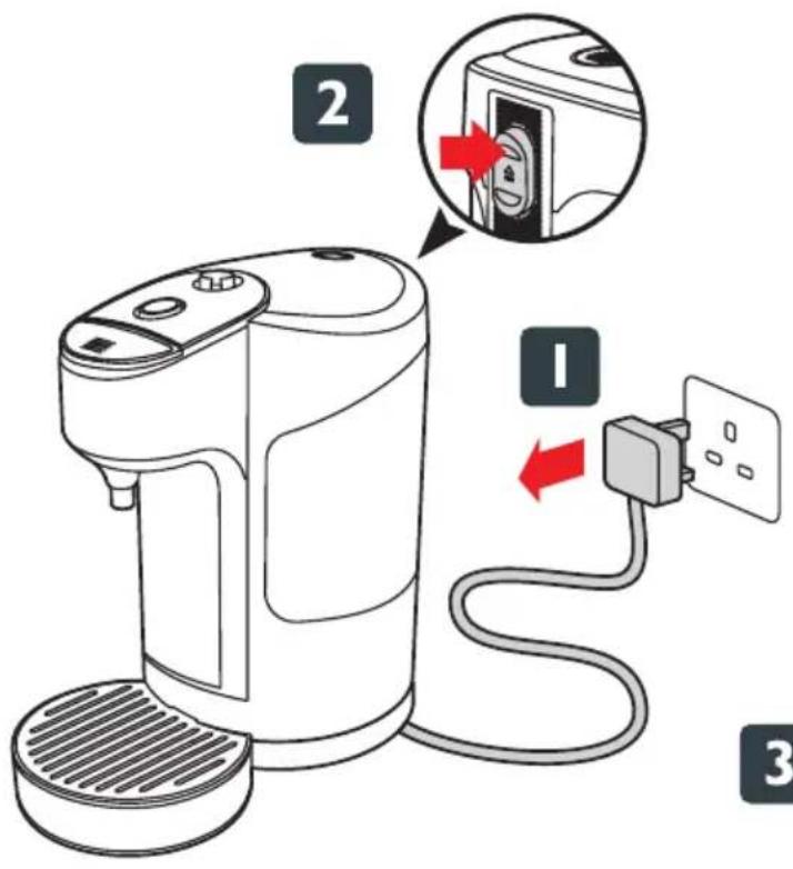 Diagram showing a water heater connected to a power outlet, with labeled steps 1 and 2 indicating process flow.