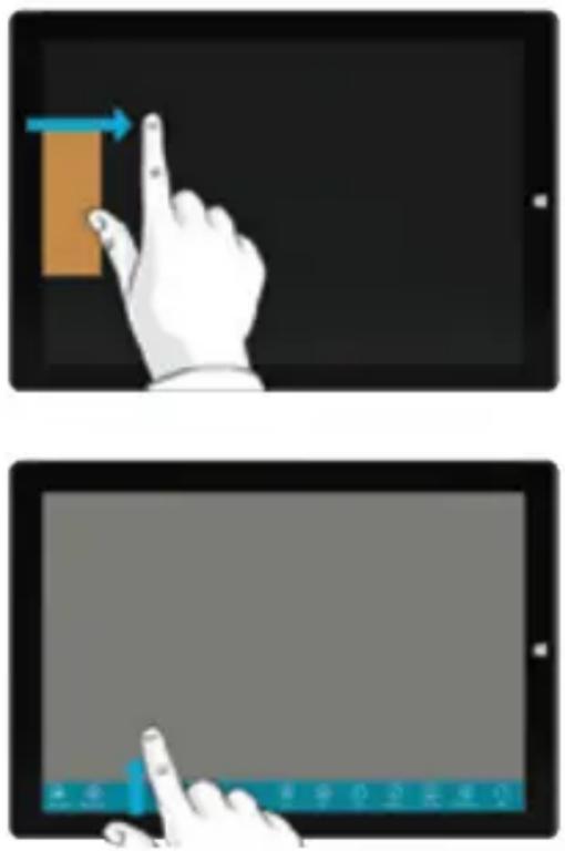 Illustration showing a hand interacting with a tablet screen, with Chinese UI elements and directional arrows indicating movement.