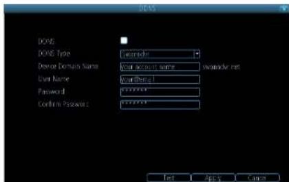 DOS DOS Type: Device Domain Name: User Name: Password: Confirm Password: Swander.net Test Apply Cancel