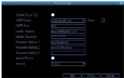 Firm Settings Enable SSL or TLS SMTP Server SMT2.0/Shell.com SMTP Port: HSS Sender Address Exclustor@SMT1.com Sender Password: ****** Recipient Address 1 InvolucatorAddress Recipient Address 2 InvolucatorAddress Recipient Address 3 Attach Picture Interval 5 min Edit Apply Cancel