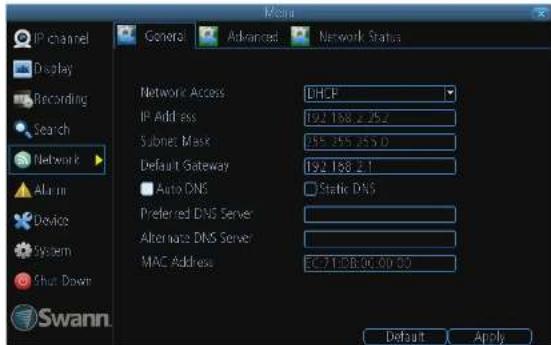 Network Access IP Address Subnet Mask Default Gateway Auto DNS Preferred DNS Server Alternate DNS Server MAC Address DHCP 192.138.2.252 155.255.255.0 192.138.2.1 Static DNS EC71DB:00.00.00 Default Apply