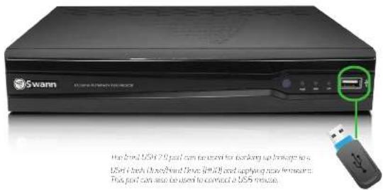 Swann USB 7.0 Pin port can be used for banking up license to: USB I each USB/Brand Drive (8910) and applying new license. This port can also be used to contact a USB module.