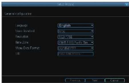 General Configuration Language English Voice Standard 0.5x Resolution 1247.768 Time Zone ROM 3:000 Parler Tim Macro Cross Format 0.5x/0.5x/0.5x URL Black Line Address Preview Next Cancel
