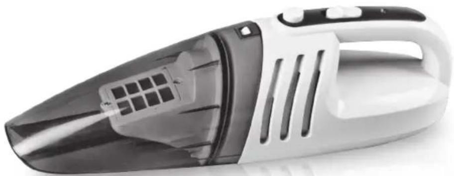 Close-up of a white and black handheld vacuum cleaner with a grid-patterned handle (no visible text or symbols)