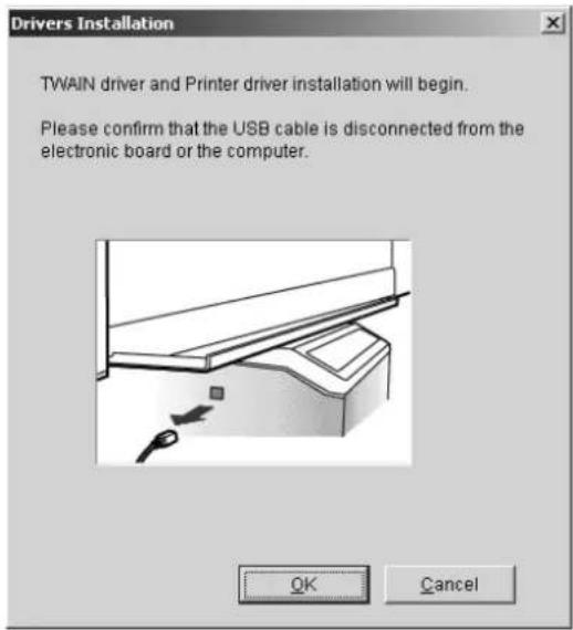 Drivers Installation TWAIN driver and Printer driver installation will begin. Please confirm that the USB cable is disconnected from the electronic board or the computer.