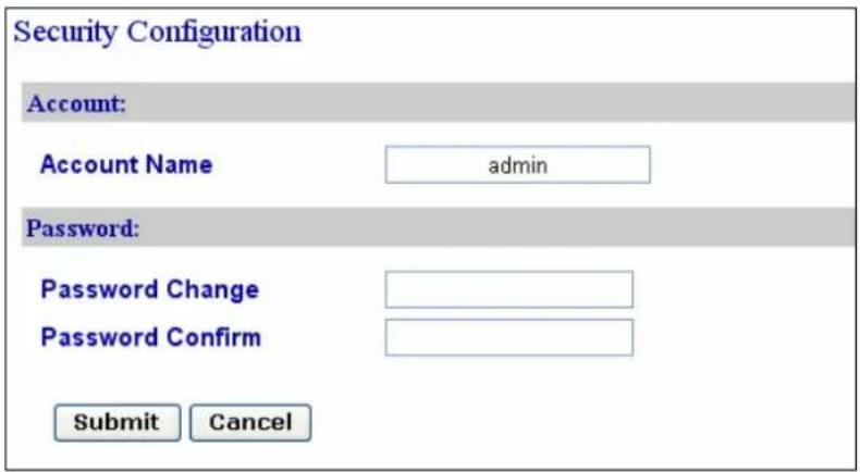 Security Configuration Account: Account Name admin Password: Password Change Password Confirm Submit Cancel
