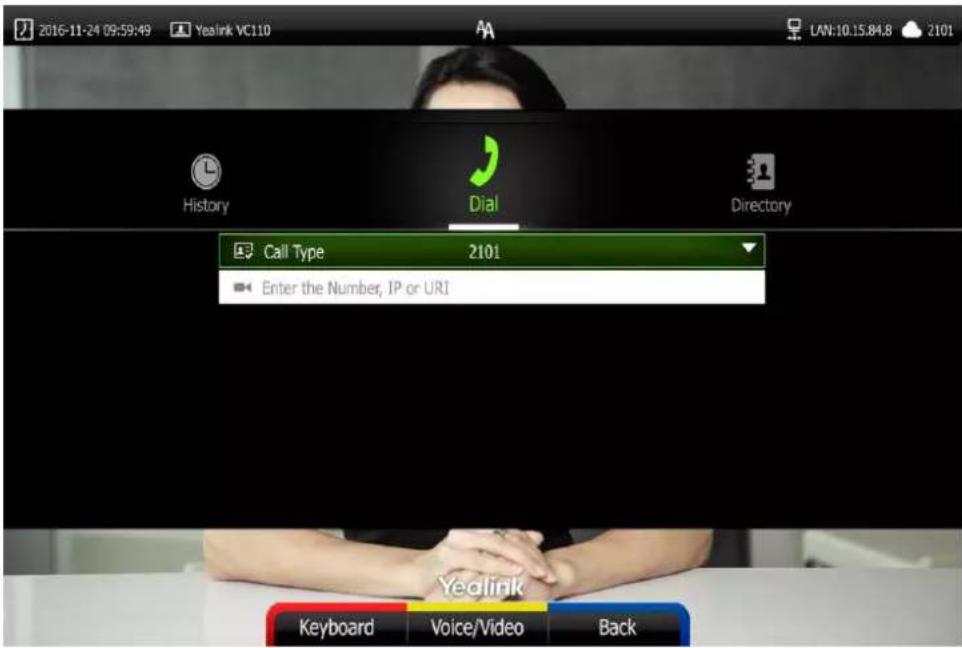 2016-11-24 09:59:49 Youlink VC110 History Dial Directory Call Type 2101 Enter the Number, IP or URI Youlink Keyboard Voice/Video Back