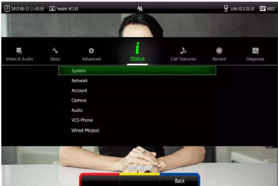 2015-06-15 11:43:19 Yealink VC110 LAN:10.3.20.10 SP 6002 Video & Audio Basic Advanced Status Call Features Record Diagnose System Network Account Camera Audio VCS Phone Wired Micpod Yedlink Back