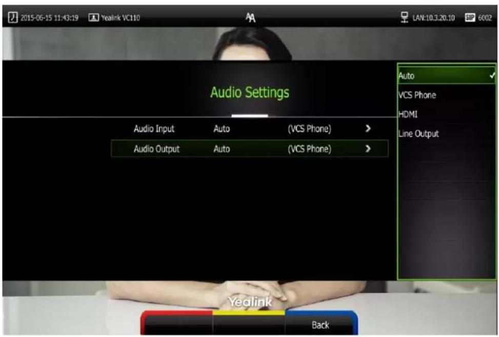 2015-06-15 11:43:19 Yealink VC110 LAN:10.3.20.10 SP 6002 Audio Settings Audio Input Auto (VCS Phone) > Audio Output Auto (VCS Phone) > Auto VCS Phone HDMI Line Output Yealink Back