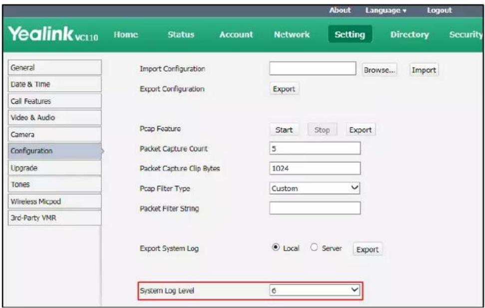 Yealink vc110 Home Status Account Network Setting Directory Security General Date & Time Call Features Video & Audio Camera Configuration Upgrade Tones Wireless Micpod 3rd-Party VMR Import Configuration Browse... Import Export Configuration Export Pcap Feature Start Stop Export Packet Capture Count…