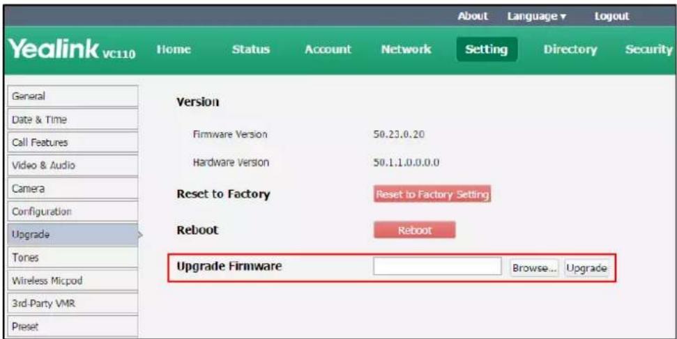 Yealink VC110 Home Status Account Network Setting Language Directory Security General Date & Time Call Features Video & Audio Camera Configuration Upgrade Tones Wireless Micpod 3rd-Party VMR Preset Version Firmware Version 50.23.0.20 Hardware Version 50.1.1.0.0.0.0 Reset to Factory Reset to Factory…