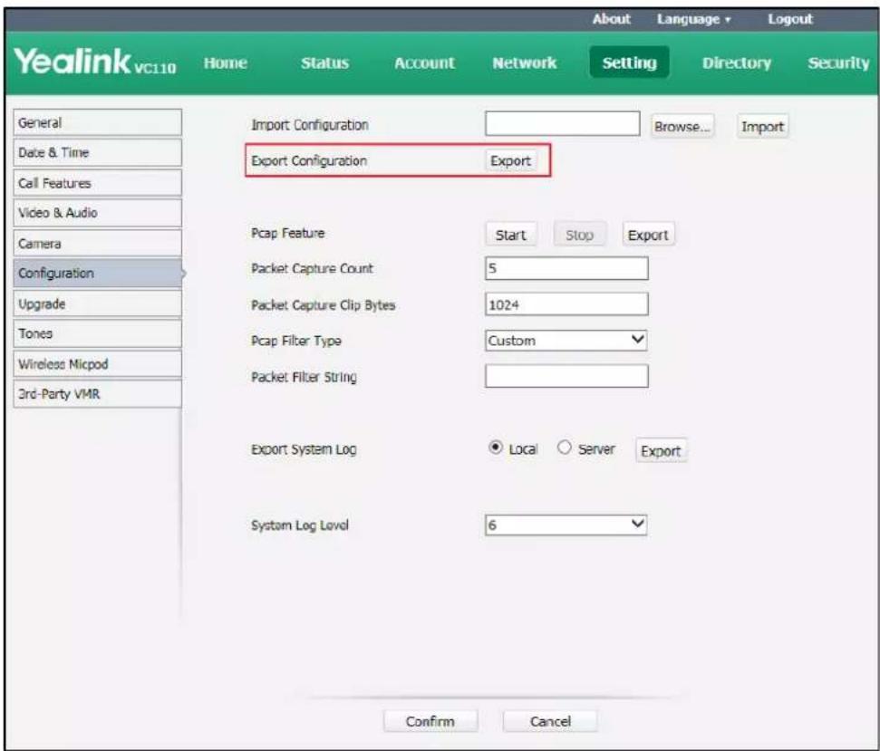 Yealink vc110 Home Status Account Network Setting Directory Security General Date & Time Call Features Video & Audio Camera Configuration Upgrade Tones Wireless Micpod 3rd-Party VMR Import Configuration Browse... Import Export Configuration Export Pcap Feature Start Stop Export Packet Capture Count…
