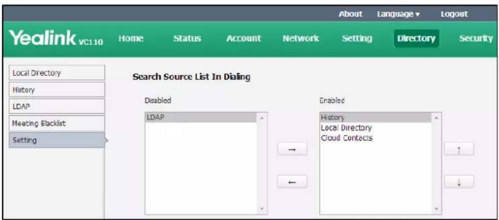 Yealink vc110 Home Status Account Network Setting Directory Security Local Directory History LDAP Meeting Blacklist Setting Search Source List In Dialing Disabled LDAP Enabled History Local Directory Cloud Contacts