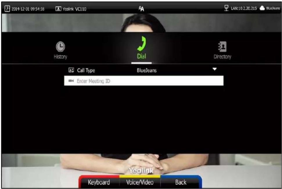 2014-12-01 09:54:18 Yeolink VC110 LAN:10.2.20.215 BlueJeans History Dial Directory Call Type BlueJeans Enter Meeting ID Yeolink Keyboard Voice/Video Back